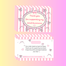 Load image into Gallery viewer, Coquette Thank You Cards – Pink Bow Small Business Packaging Inserts (Set of 25, 50, or 100)