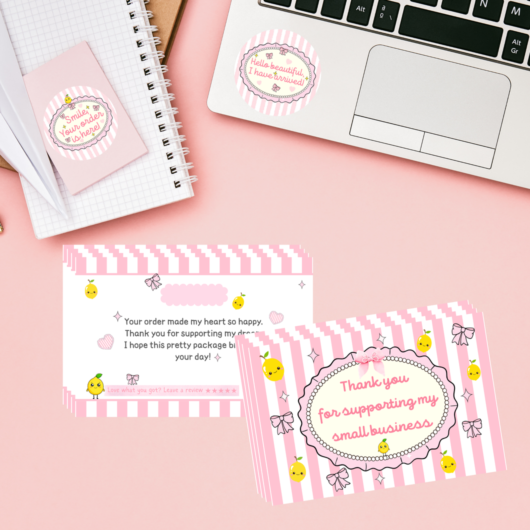 Lemon Coquette Thank You Cards – Small Business Packaging Inserts (Set of 25, 50, or 100)